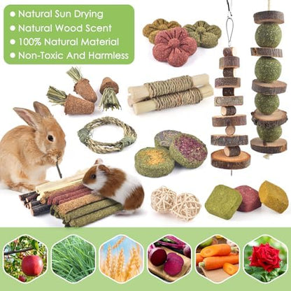 ERKOON 70PCS Rabbit Chew Toys, Natural Timothy Grass Cakes Guinea Pig Toys, Small Animal Teeth Grinding Treats for Bunny Hamster Chinchilla, Safe Dental Care Snacks