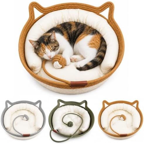 Instinct Cat Basket Bed, Handwoven Cotton Rope Cat Bed with Toy Ball and Cat Ear Handles, Breathable Scratch-Friendly Round Woven Basket for Indoor Cats and Kittens Brown