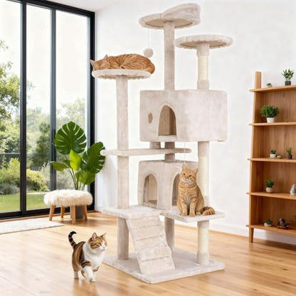 BestOffice 54 Inch Cat Tree, Multi-Level Cat Tower with Condo, Perches, Sisal Scratching Posts, Climbing Ladder,Indoor Activity Center Play House for Kittens & Adult Cats, Beige