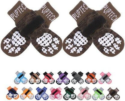 PUPTECK Anti-Slip Dog Socks with Double Sides Grips for Small Medium Large Dogs Hardwood Floors Prevents Licking, Dog Shoes for Hot Pavement Traction Control for Senior Dogs, Coffee Brown M