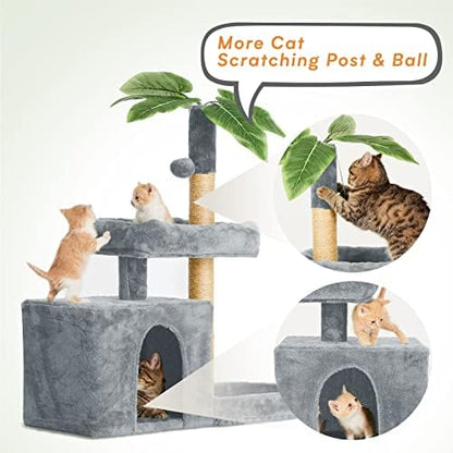 31.5inch Small Cat Tree Tower Condo for Indoor Cats, Soft Plush Multi-Level Climbing Tree Cat House with Cat Cave, Scratching Post, Sisal Rope, Grey