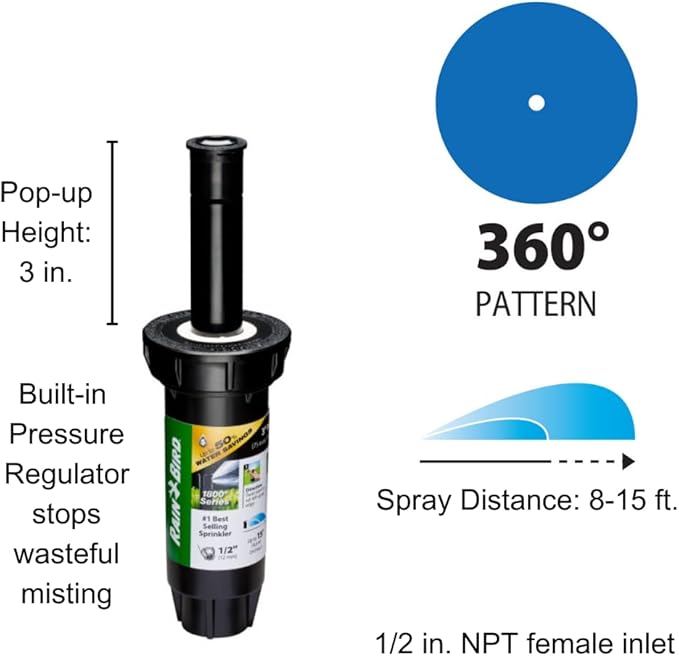 Rain Bird 1803DSFPRS Pressure Regulating (PRS) Professional Dual Spray Pop-Up Sprinkler, 360° Full Circle Pattern, 8' - 15' Spray Distance, 3" Pop-up Height (Pack of 4)