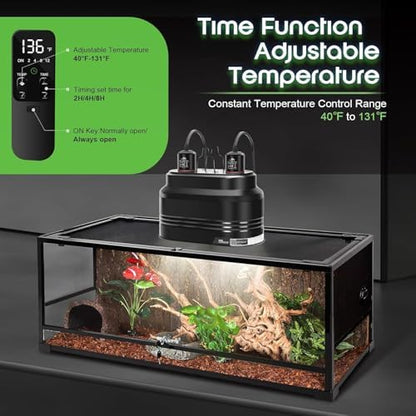 MECESOR Dual Reptile Light Fixture, Double Reptile Heat Lamp Fixture with Independent Thermostat Control & Timer Dimming Function Reflector Dome Lamp Fixture for Bearded Dragon, Lizard Terrarium