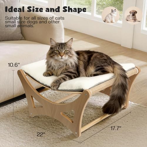 Cat Hammock Bed, Wooden Elevated Cat Beds with Natural Sisal Scratching Mat, Cats Scratcher Bed with Removable Soft Cushion, Cats Scratching Beds with Wood Frames, 22" L x 17.7" W