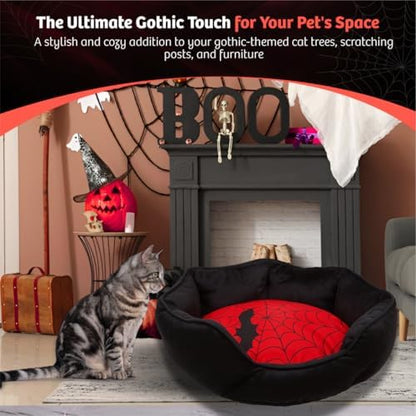 Gothic Cat Bed, 20 Inches Reversible Red and Black Cat Bed for Indoor Cats, Super Soft Plush Pet Bed with Cozy Spider Web Pillow and Secure Non-Slip Bottom