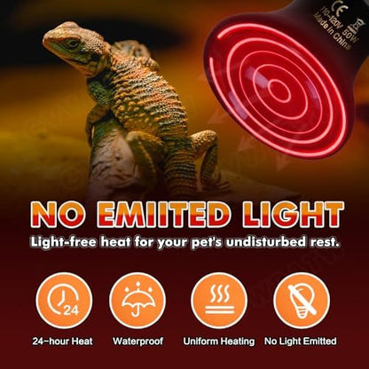 50W Non-Light Ceramic Heat Emitter (2-Pack 0.2inch-60mm) Reptile Heat Lamp for Terrariums, Brooders & Incubators. E26 for Turtle Lizard Bearded Dragon Snake Small Pets
