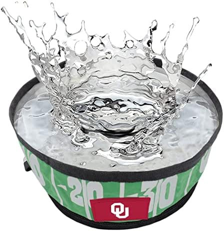 Pets First NCAA Oklahoma Sooners Collapsible Dog Travel Bowl, Food and Water Bowl for Dogs & Cats. Lightweight Leak-Proof Pet Bowl for Travel with Football Field & Pebble-Grain Design