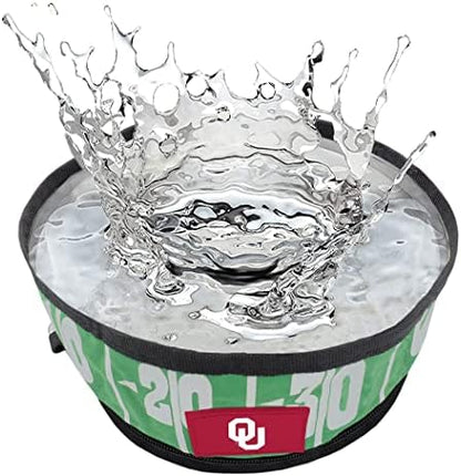 Pets First NCAA Oklahoma Sooners Collapsible Dog Travel Bowl, Food and Water Bowl for Dogs & Cats. Lightweight Leak-Proof Pet Bowl for Travel with Football Field & Pebble-Grain Design