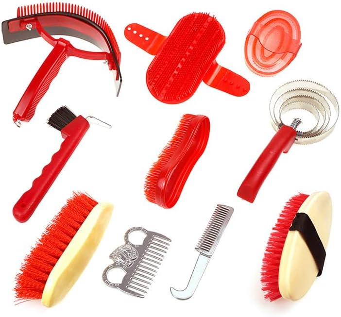Horse Grooming Kit, 10 Piece Complete Set with Brushes, Combs, and Curry Tools for Horses, Red