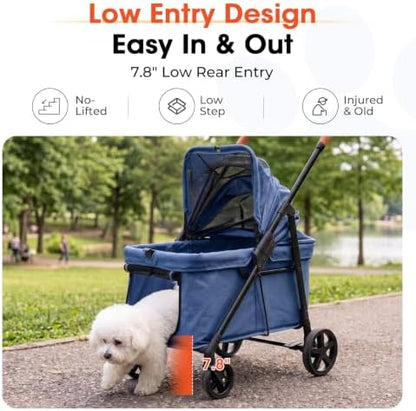 Foldable Pet Stroller Small Dogs Cats Up to 70 lb All-Terrain, Blue