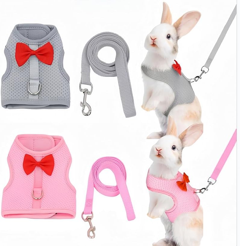 2 Pack Adjustable Bunny Rabbit Harness and Leash Set Breathable Mesh Vest Harness for Rabbits Kitten Ferret Puppy Small Pets Walking Supplies-Grey&Pink,L