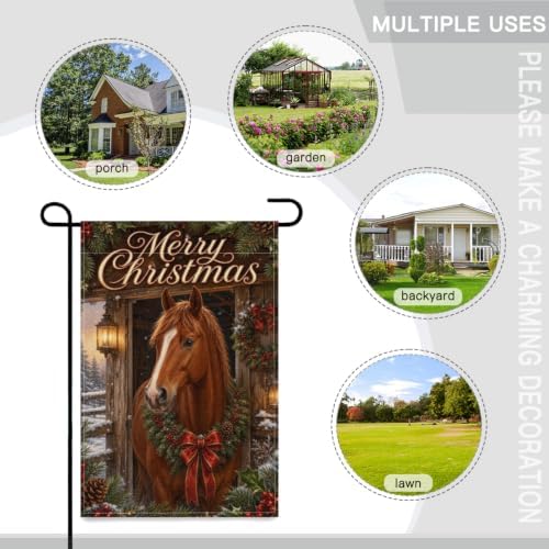 Merry Christmas Garden Flag 12x18 Inch Chestnut Horse Pine Wreath Red Bow Snowy Stable Lantern Rustic Winter Outdoor Yard Lawn Front Porch Welcome Double Sided Banner Decor