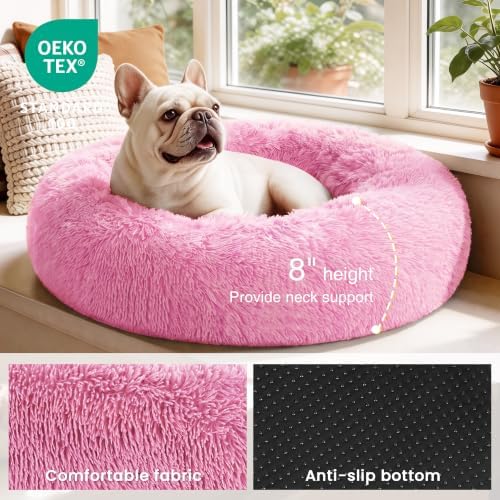 Love's cabin Calming Cat Bed for Indoor Cats, Anti-Anxiety Donut Round Dog Bed, Fluffy Faux Fur Washable Pet Bed for Small Medium Dogs and Cats, Pink, 20in