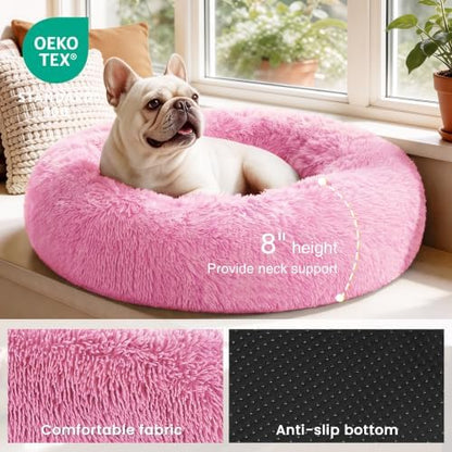 Love's cabin Calming Cat Bed for Indoor Cats, Anti-Anxiety Donut Round Dog Bed, Fluffy Faux Fur Washable Pet Bed for Small Medium Dogs and Cats, Pink, 20in