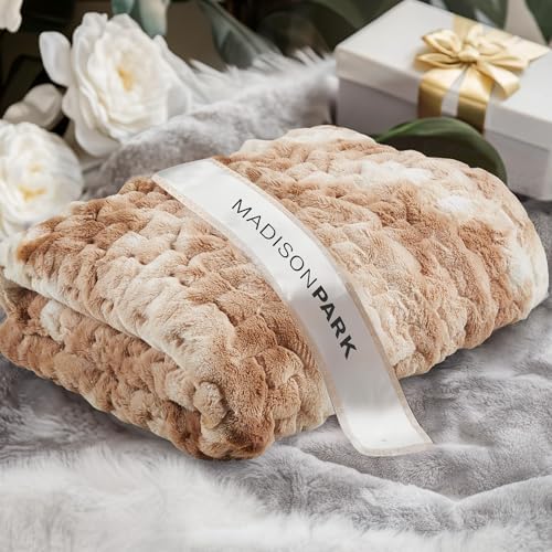 Madison Park Ruched Fur Throw Faux Fur Blanket, 50" x 60", Tan Tie Dye