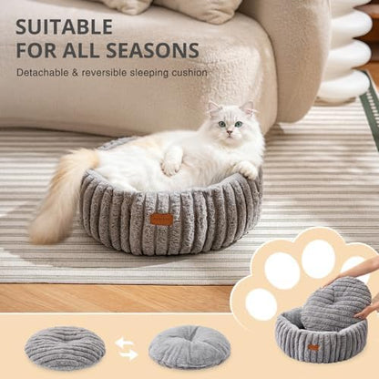 Cat Bed, Washable Round Cat Beds for Indoor Cats, Super Soft Faux Rabbit Fur Pet Bed for Puppy and Kitten with Anti-Slip Bottom (Grey, 20"x20"x8")