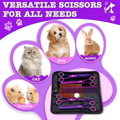 Dream Reach Dog Grooming Scissors - 7" Professional 6 in 1 Pet Scissors Sharp and Durable Shears Set Thinning, Chunker, Straight, Curved Shears and Comb for Dog Cat Pets, Purple