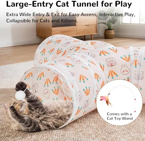 Tempcore Cat Tunnel, 3-Way Collapsible Toy for Indoor Cats, Pink Rabbit