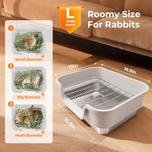 Stainless Steel Rabbit Litter Box with Hay Feeder, Large Bunny Litter Pan