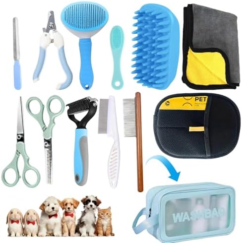 Aglads 12 in 1 Pet Grooming Kit, Dog Grooming Supplies with Self Cleaning Slicker Brush, Dematting Comb, Safety Nail Clippers, for Small Medium Large Dogs Cats Rabbits Long Short Curly Hair(12, blue)