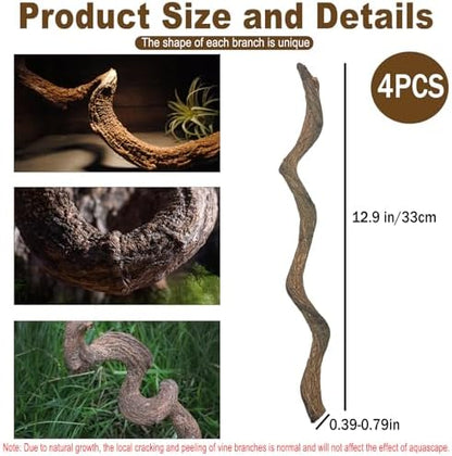 Reptile Decor 4PCS Natural Forest Branch Terrarium Habitat Wood Decoration Lizard Climbing Tree Branch for Bearded Dragon Gecko Snake Frog Chameleon Spider