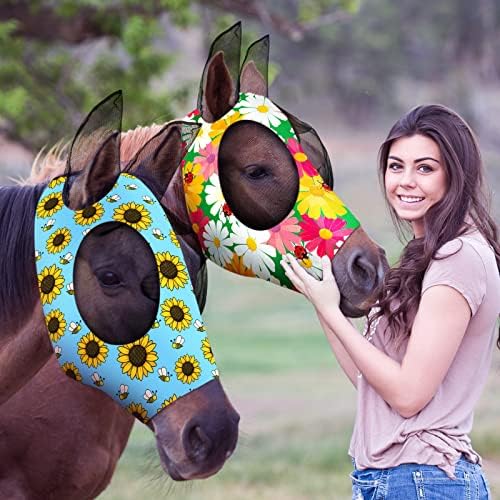 Weewooday 2 Pieces Horse Fly Masks for Horses Soft Fly Masks for Ears Smooth and Elasticity Mask with UV Protection(Flower Patterns,M)