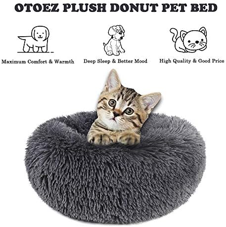 otoez Round Donut Dog Bed for Small Dogs, Washable Cat Calming Bed Cuddler Anti Anxiety Fluffy Plush Dog Cat Bed with Non-Slip Waterproof Bottom (23.6", Dark Grey)