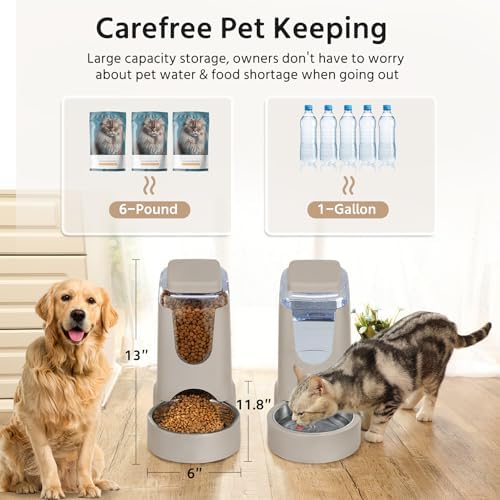 2 Pack Automatic Cat Feeder and Stainless Steel Water Dispenser, Gravity Dog Waterer Set Food Feeder and Waterer Set for Small Medium Kitten Puppy Pets(1 Gallon x 2, Brown)
