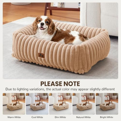 Washable Dog Bed Small Medium Size Dog, Rectangle Orthopedic Pet Bed for Car and Indoor,Fluffy Memory Foam Dog Beds with Anti-Slip Bottom,Camel (25x21x7 inches)