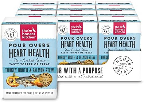 The Honest Kitchen Human Grade Functional Pour Overs: Heart Health - Turkey Broth & Salmon Stew Dog Food Topper, 5.5 oz x12