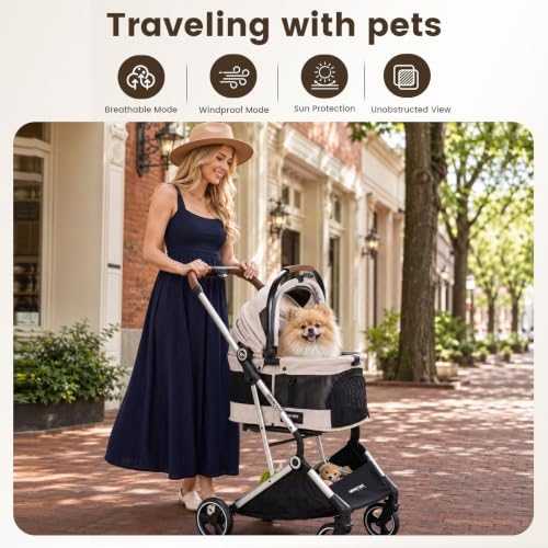 T3 Pro Pet Stroller for Small Dog & Cats up to 44 lbs (Beige)