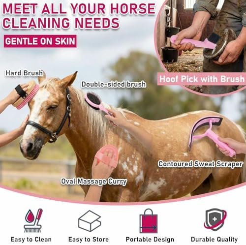 Cunhill 9 Pcs Horse Grooming Kit Tack Room Supplies, Classic, Pink