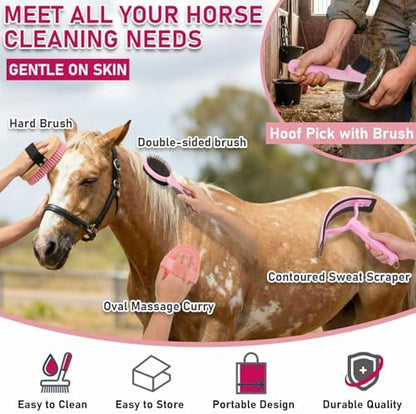 Cunhill 9 Pcs Horse Grooming Kit Tack Room Supplies, Classic, Pink