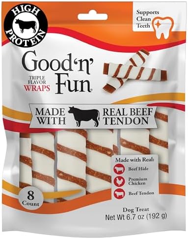 GOOD 'N' FUN Wraps High Protein Dog Treat with Real Beef Tendon, 8 Count