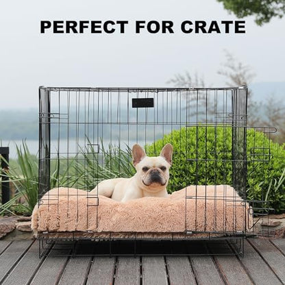 Bedfolks Plush Waterproof Dog Crate Bed, Removable Washable Cover, Faux Fur Pad for Medium Dogs, 29"x21", Camel