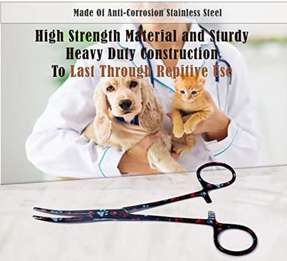 Dog Pet Ear/Nose Hair Puller Grooming Hemostat Locking Forceps Curved Pliers, 5.5" (14cm) Full Serrated Clamps Stainless Steel (Black Multi Paws)