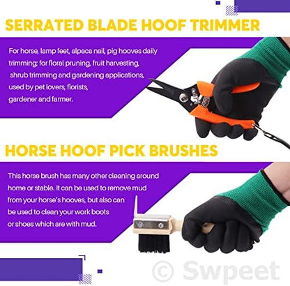 Swpeet 8Pcs Professional Farrier Tools Value Kit with Roll Pack, Horses Hoof Trimmers Shears Tools, Hoof Cutter, Farrier Rasp File and Rubber Handle, Hoof Nipper, Horseshoe Brush, Hoof Knife