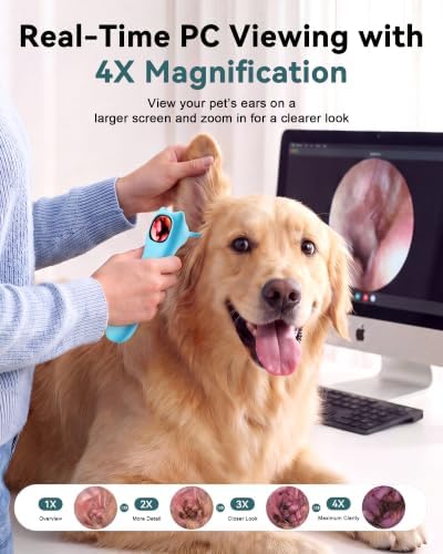 Pet Ear Camera Cleaning Kit with Screen, Dog & Cat Ear Cleaner with 50 Finger Wipes, Gentle Soft Otic Ear Cleaning Pads, Helps Clean Dirt, Wax & Odor-Causing Buildup, Non-Irritating, Blue