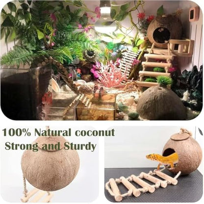 10PCS Crested Gecko Tank Accessories Set – Natural Double Coconut Shell with Ladder, Plants and Bridge Vines for Reptile Terrarium, Leopard Gecko, Lizard, Hermit Crab or Snake Habitat Decor