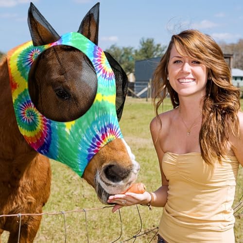 Weewooday 2 Pieces Horse Fly Masks for Horses Soft Fly Masks for Ears Smooth and Elasticity Mask with UV Protection(Tie-dye Pattern,L)