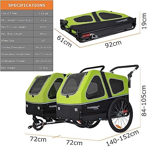 DOGGYHUT® S-Line XL Pet Bike Trailer & Stroller for Large Dogs Up to 100 lbs, Folding Dog Cart with Shock-Absorbing Suspension Wheels, Low Center of Gravity, Parking Brakes