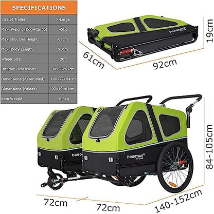 DOGGYHUT® S-Line XL Pet Bike Trailer & Stroller for Large Dogs Up to 100 lbs, Folding Dog Cart with Shock-Absorbing Suspension Wheels, Low Center of Gravity, Parking Brakes