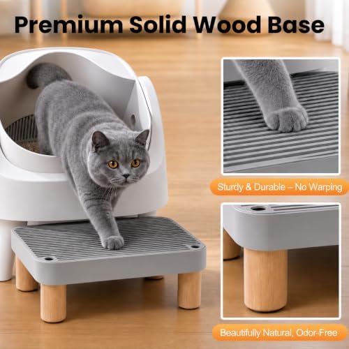 Litter Box Step, Litter Box Ramp/Catcher with Wooden Base, Anti-Tracking & Easy to Clean, Ideal for Big Cats and Automatic Litter Boxes 15.8" x 11.8" x 5.9" (Gray)