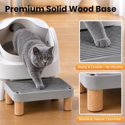 Litter Box Step, Litter Box Ramp/Catcher with Wooden Base, Anti-Tracking & Easy to Clean, Ideal for Big Cats and Automatic Litter Boxes 15.8" x 11.8" x 5.9" (Gray)