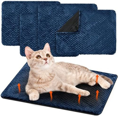 Drydiet 4 Pcs Self Heating Cat Pad Self Warming Cat Bed Dog Heating Pad Washable Thermal Pet Mat for Indoor Outdoor Pet 16 x 20 Inch Removable Non Slip(Navy Blue)