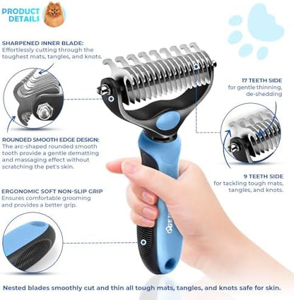 Undercoat Rake for Dogs & Cats, Dematting Comb with Extra Wide Double-Sided Stainless Steel Teeth for Detangling, Deshedding, Brushing, Thinning & Removing Shed Fur, Knots, Mats, and Tangles in Pets