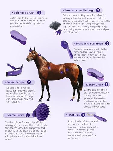 Harrison Howard Horse Grooming Kit, 7 Piece Horse Brush Set with Curry Comb, Hoof Pick, Sweat Scraper & Bag Purple