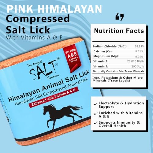 Himalayan Animal Salt Block 5 lb with Vitamins A & E – Fortified Mineral Salt Lick for Horses & Livestock – Compressed Pink Himalayan Block for Stall & Controlled Feeding