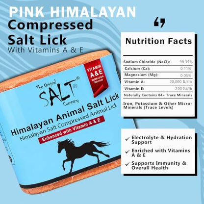 Himalayan Animal Salt Block 5 lb with Vitamins A & E – Fortified Mineral Salt Lick for Horses & Livestock – Compressed Pink Himalayan Block for Stall & Controlled Feeding