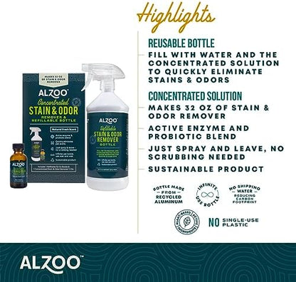 ALZOO Concentrated Stain & Odor Remover Bundle Bottle Set, Includes 32 Fl. Oz Refillable Bottle & 1.1 Oz. Concentrated Stain & Odor Remover, 100% Plant-Based Active Ingredients